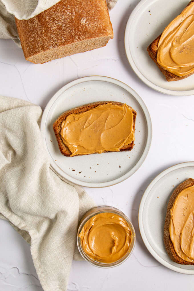 Whole wheat bread with peanut butter.