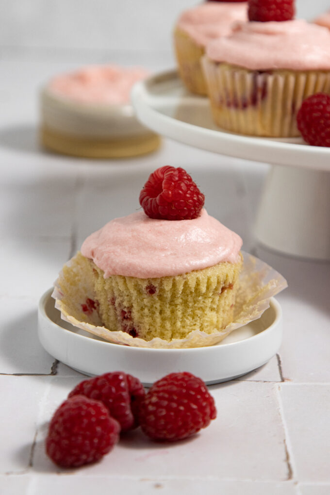 Cupcake with raspberry frosting.