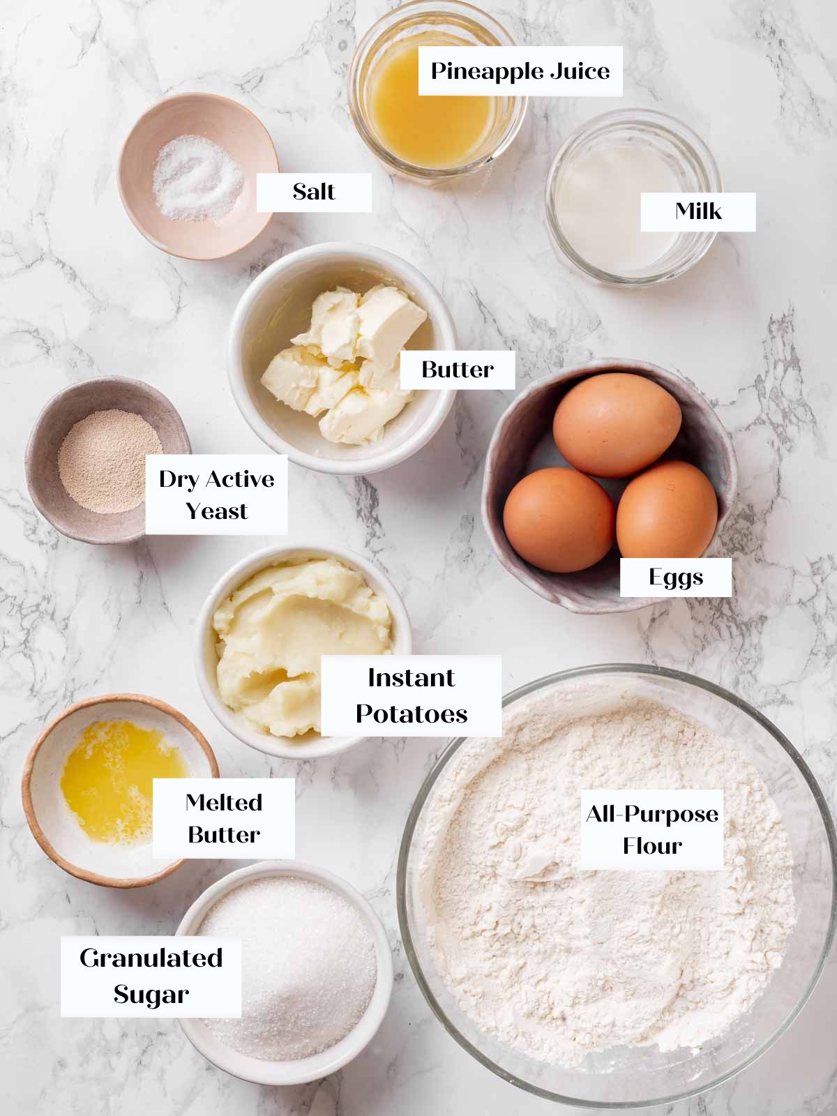 hawaiian bread ingredients on marble.