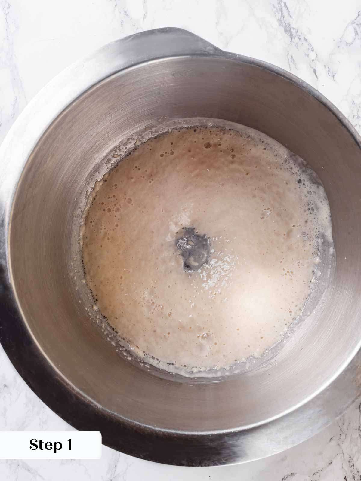 bloomed yeast in mixing bowl.