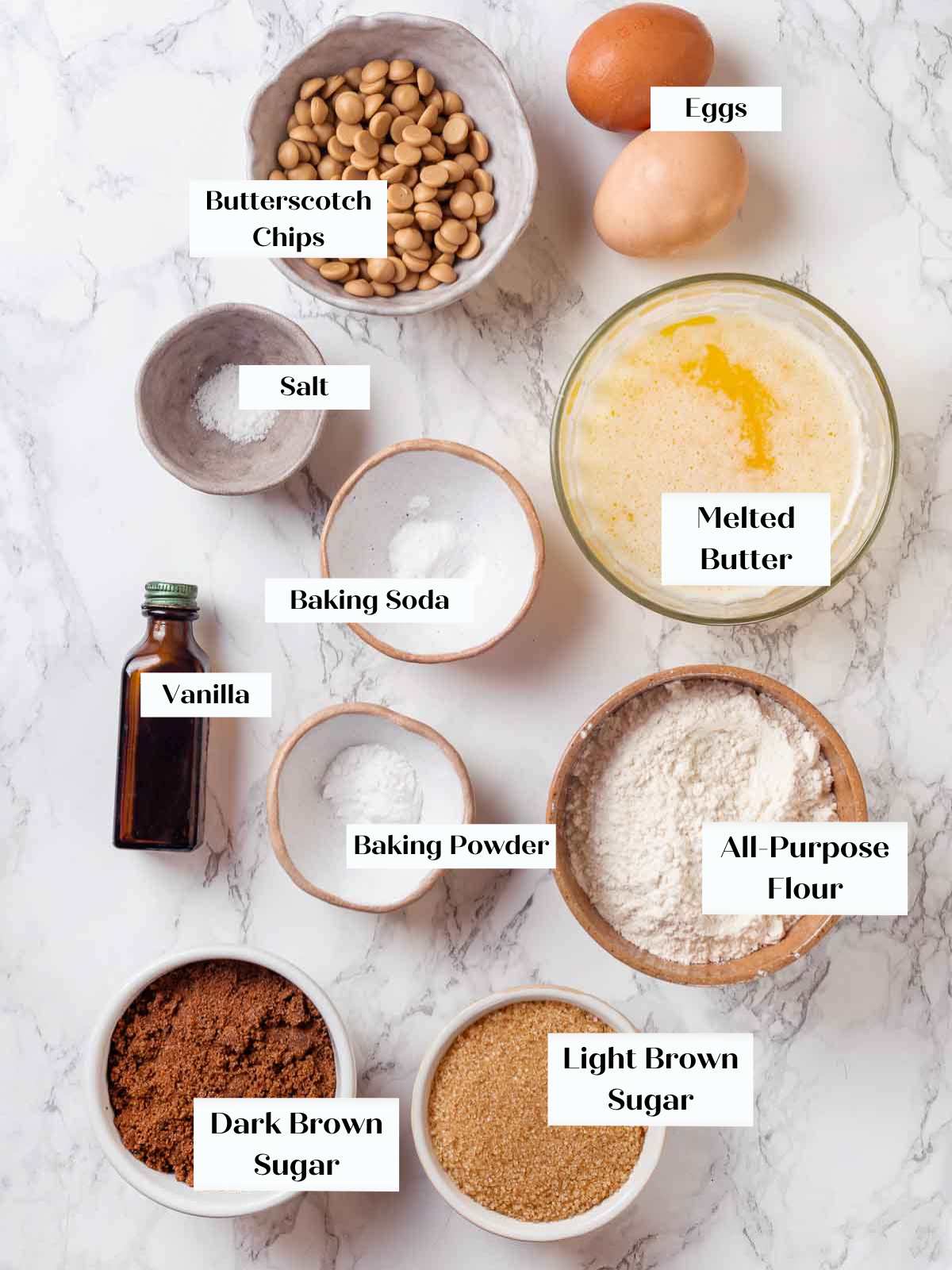 blondie recipe ingredients on marble. 