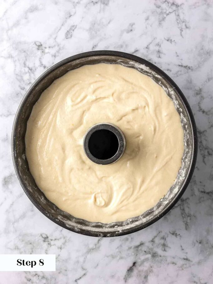 lemon cake batter in bundt pan.