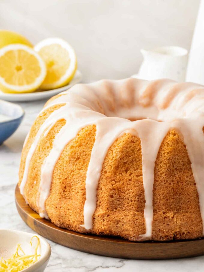 lemon bundt cake with lemon glaze. 