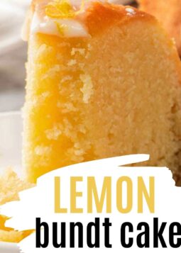 lemon bundt cake slice close up with text overlay.