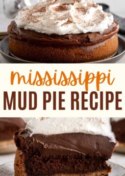 mississippi mud pie sliced and unsliced with whipped cream topping and text overlay.