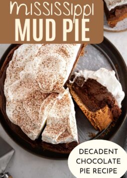mississippi mud pie sliced with whipped cream topping and text overlay.