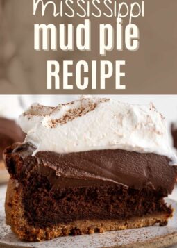 slice of mississippi mud pie with whipped cream topping and text overlay.