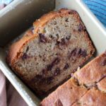 Chocolate chip banana bread studded with chocolate chips.