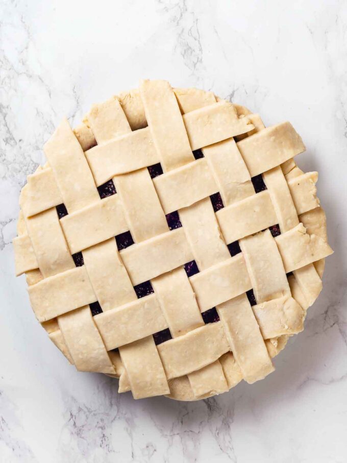 latticed pie with easy pie dough not yet finished.