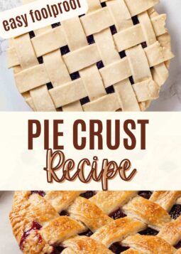 two photos of pie crust unbaked and baked with text overlay.