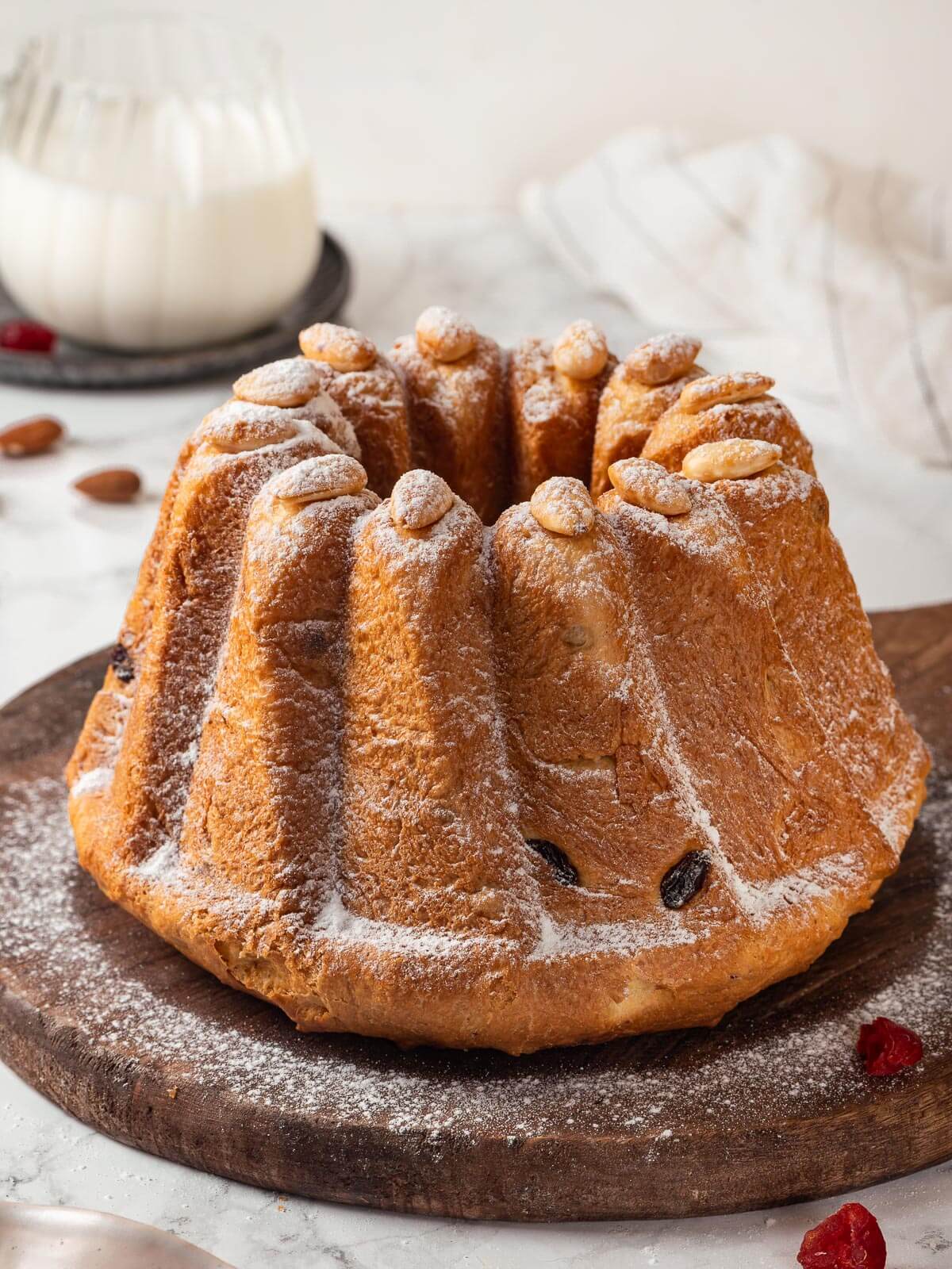 whole kugelhopf on a wooden board.