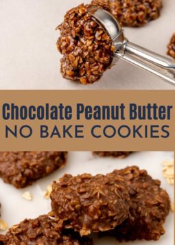 A batch of no bake cookies with chocolate and peanut butter on a plate.