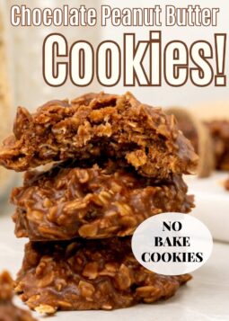 A close-up of chocolate peanut butter no bake cookies stacked on a plate.
