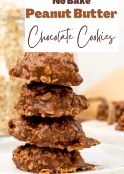 A pile of chewy no bake cookies with chocolate and peanut butter.