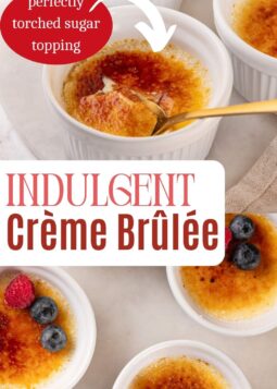 ramekins of crème brûlée with a golden caramelized sugar top and a spoon breaking through the crispy layer.