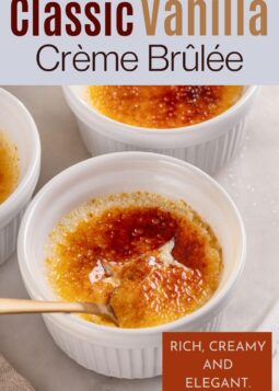 Multiple crème brûlées in ramekins, with a caramelized top glistening under soft lighting.