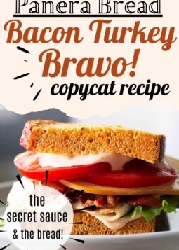 bacon turkey bravo sandwich with dripping sauce and text overlay.