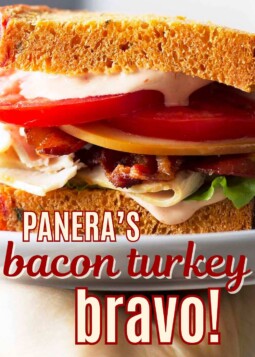 bacon turkey bravo sandwich with dripping sauce and text overlay.