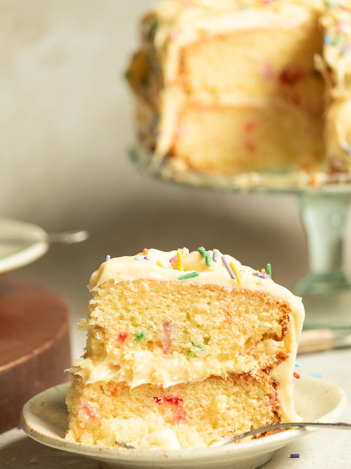 A single serving of funfetti cake ready to eat.