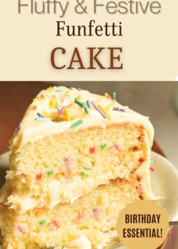 Slice of funfetti cake showing the colorful sprinkles inside the moist layers.