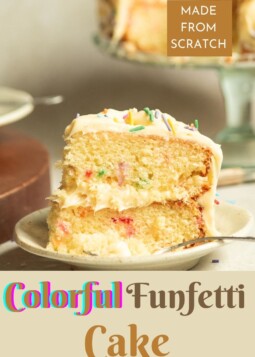Two-layer funfetti cake on a white plate, topped with buttercream and extra sprinkles.