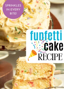 Funfetti cake slice being served on a white party plate.