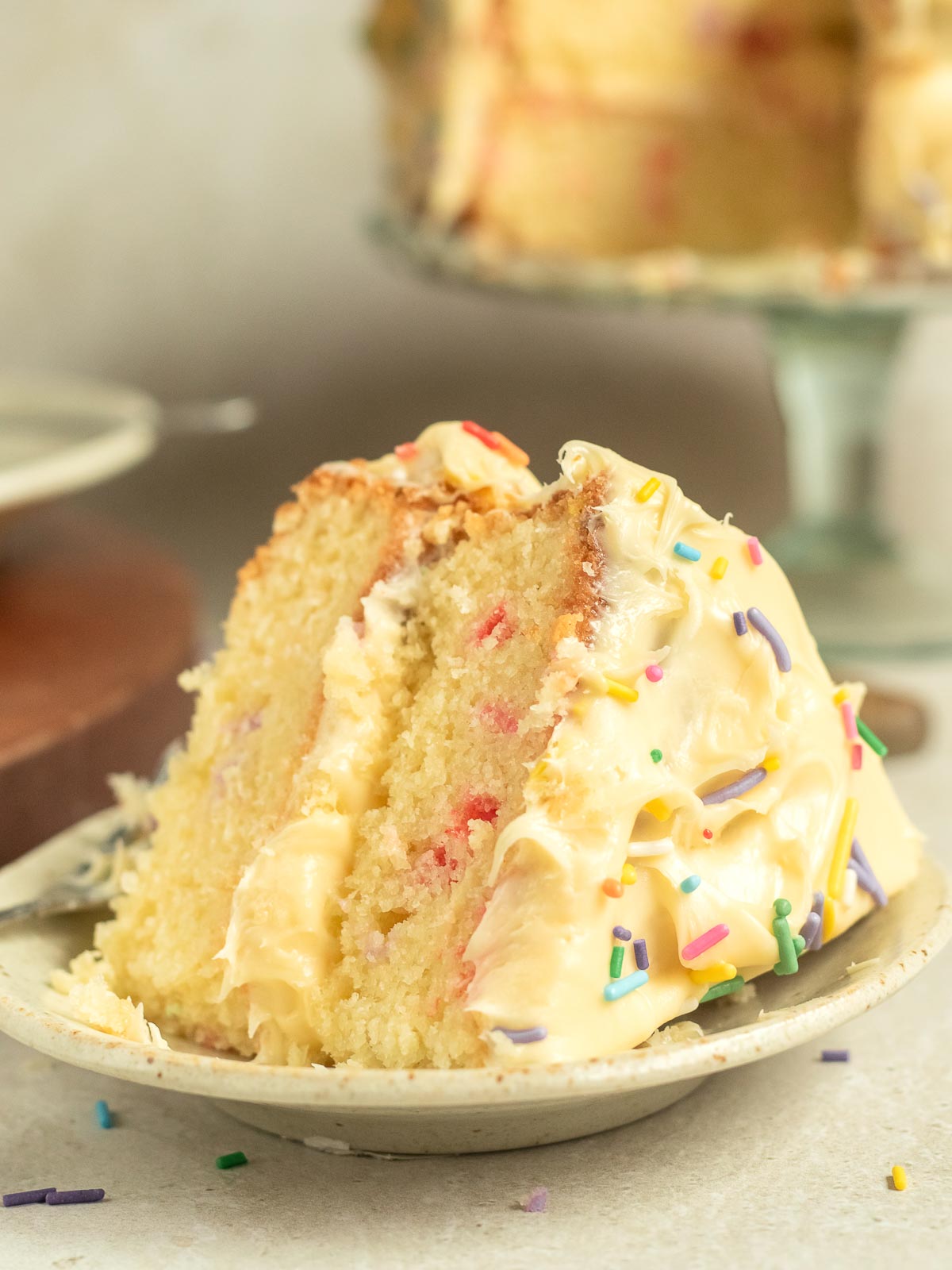 Fluffy vanilla funfetti cake displayed on a clean white plate with colorful sprinkles.