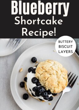 A blueberry shortcake cut in half, filled with cream and fresh berries.