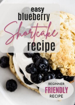 Fresh blueberries spilling out from a buttery biscuit shortcake.