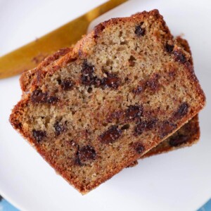 Zoomed-in view of the airy, tender crumb of chocolate chip banana bread.