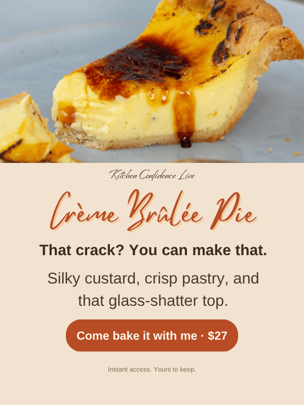 a slice of creme brulee pie on a blue plate with text selling a pie masterclass.