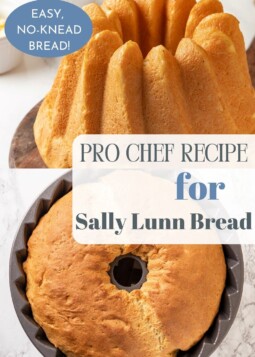 A close-up of the crusty golden top of Sally Lunn bread.