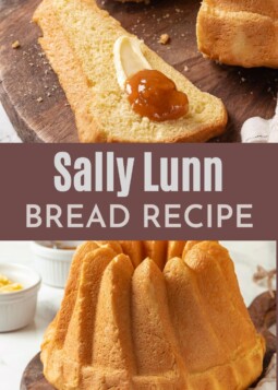 Sally Lunn bread served on a breakfast table with jam.