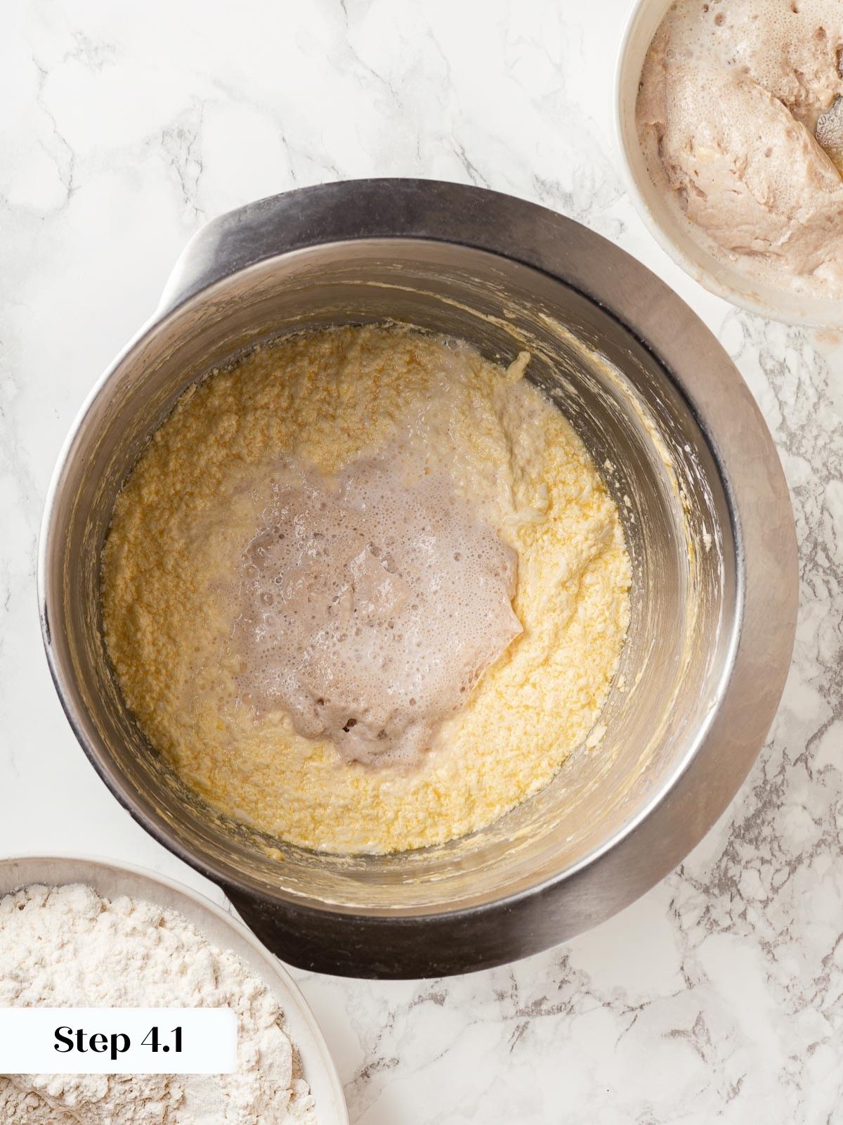 Liquid yeast added to bowl of beaten eggs and butter.