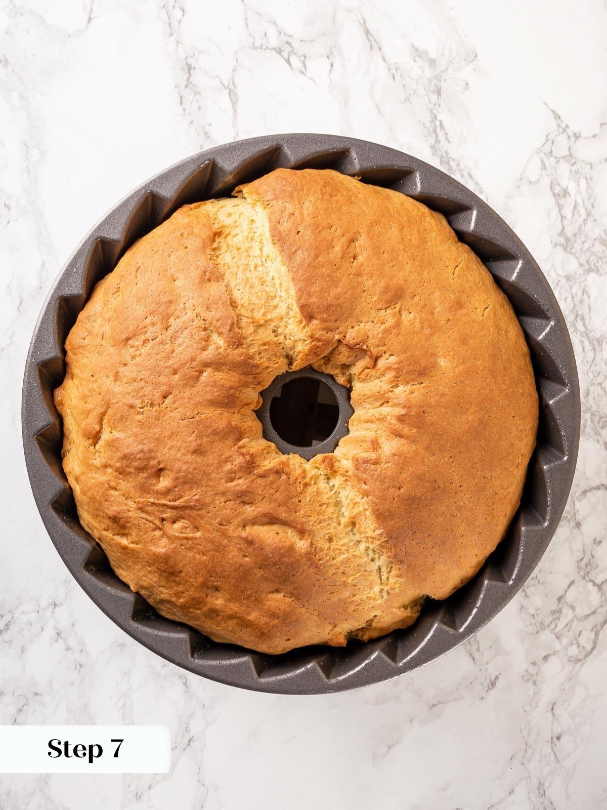 Finished Sally Lunn bread still in the bundt pan.
