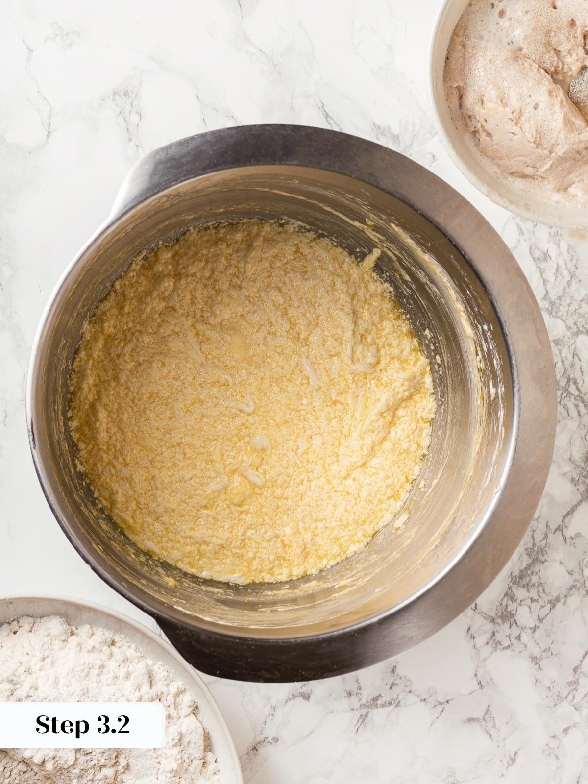 Mixture after eggs have been beaten into the batter.