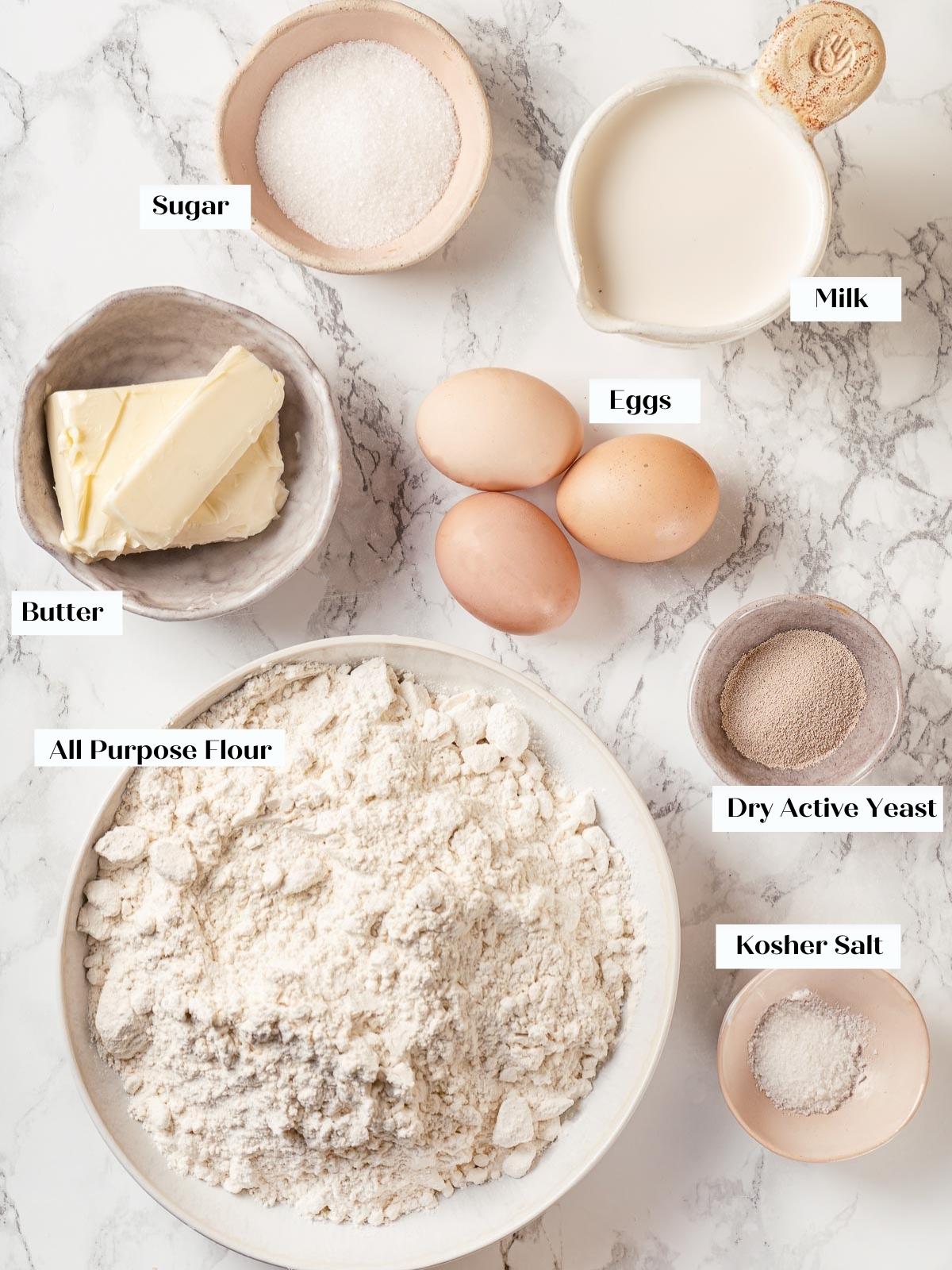 All ingredients for Sally Lunn bread laid out on a counter.