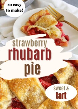 Slice of strawberry rhubarb pie on a plate.