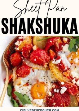 Roasted sheet pan shakshuka with eggs and veggies.