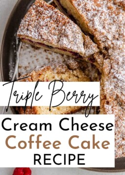 Close-up of crumb topping on berry coffee cake.