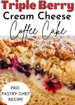 Triple berry coffee cake with cream cheese center exposed.