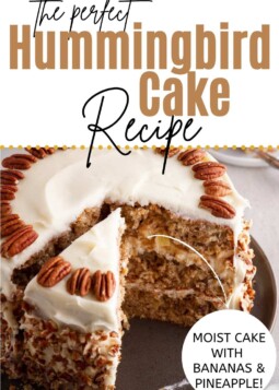 Cake with slice taken out to display the moist cake texture.