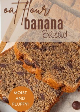 Sliced oat flour banana bread on parchment, showing golden crust and soft texture inside each piece.