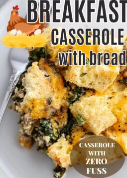 Golden egg bake filled with rustic bread chunks, sautéed kale, and savory breakfast sausage.