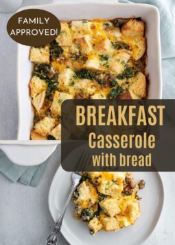 Slice of breakfast casserole with visible greens, crumbled sausage, and bubbly edges of baked egg.