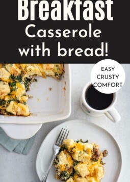 Browned breakfast casserole served in a dish, showing sausage, kale, and melted shredded cheese.