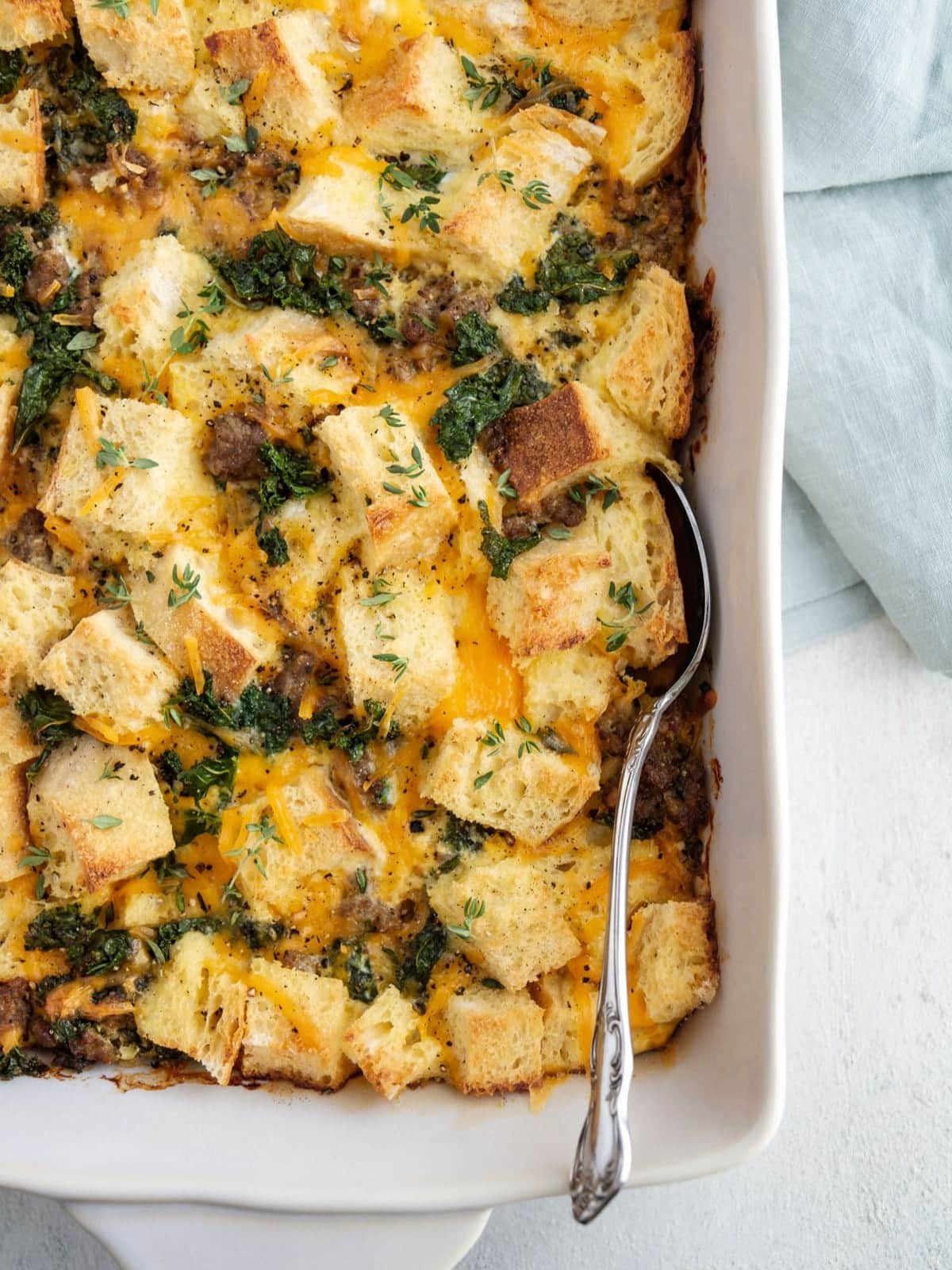 A finished egg casserole rests on the counter, perfectly baked and ready to serve.