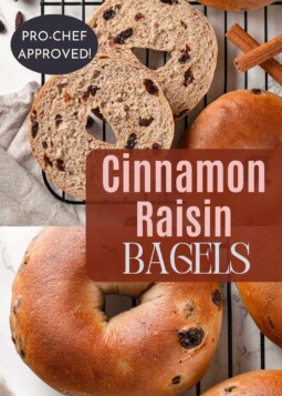 Golden brown cinnamon raisin bagels with chewy centers and a perfect crust, ready for toasting.
