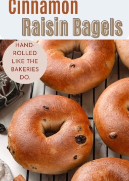 cinnamon raisin bagels resting on a cooling rack with visible shine and cinnamon swirls.