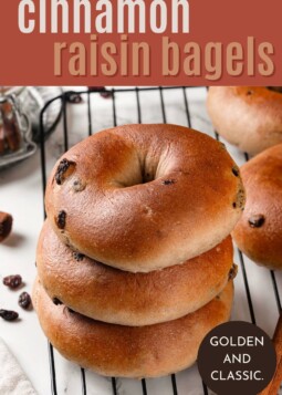 Stack of homemade cinnamon raisin bagels with visible raisins and crackly golden crust for breakfast.